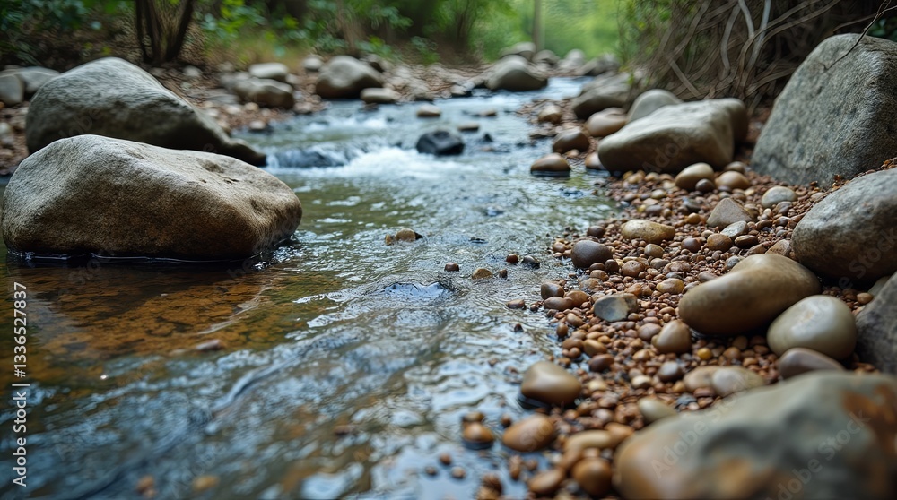 Poster a stream of water flows between large rocks