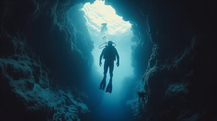  diver hovering inside a cave under water