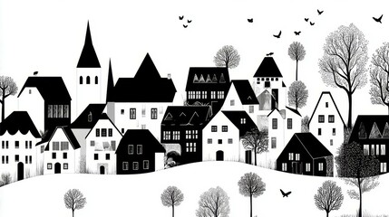 Fototapeta premium Black and White Village Illustration with Gothic Architecture and Birds in Flight Over Skyline