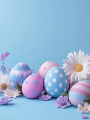 Pastel Easter Eggs with Spring Flowers on Light Blue Background