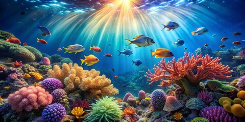 Naklejka premium Vibrant Underwater Scene Featuring a Diverse Array of Colorful Fish and Coral Reefs Illuminated by Sunbeams