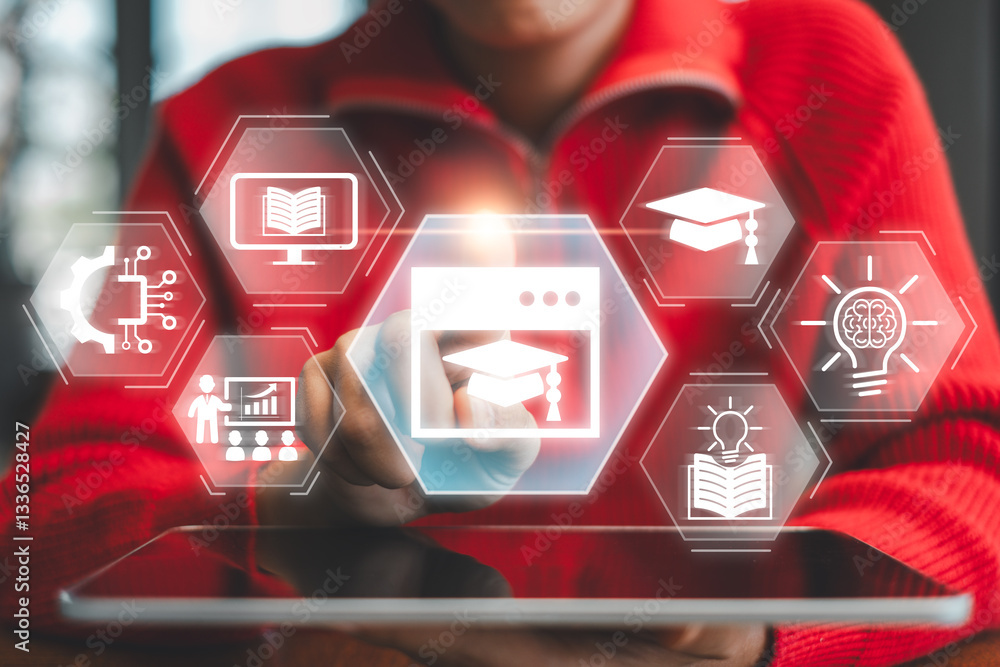 Poster a student engages with online education using a tablet, surrounded by digital learning icons represe