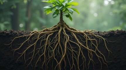 A plant's roots are shown in detail, with the stem