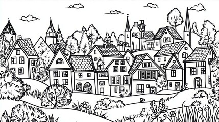 Fototapeta premium Charming Village Townscape Delineation Black Lines and White Spaces Tranquil Houses Trees and Churches
