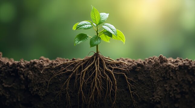 A small plant with its roots visible in the dirt