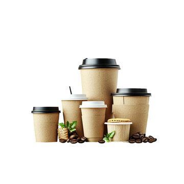 Assorted coffee cups, various sizes, on white background, coffee beans, cookies