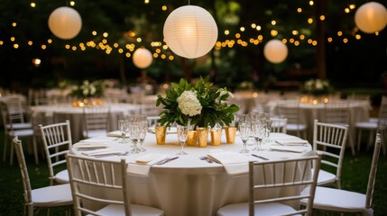 A beautifully arranged outdoor dining setup with elegant tables, floral centerpieces, and glowing lanterns, creating a warm and inviting atmosphere.