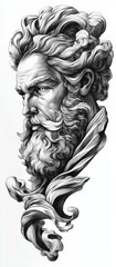 Fototapeta premium Classical Sculpture Head of a Stern Man with Ornate Hair and Beard in Detailed Graphic Illustration