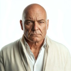 Obraz premium Intense Portrait of Stern Bald Man in White Shirt and Beige Cardigan Against Clean Background Stare