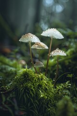 Enchanted Forest Mushrooms Sparkling with Dew on Mossy Mound After a Gentle Rain Shower