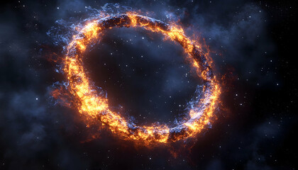 Naklejka premium Fiery ring encircled by cosmic nebula, stars, and swirling gases