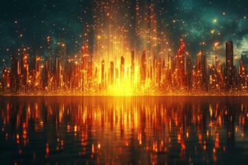 Fototapeta premium Futuristic Metropolis Reflecting in Water with Gleaming Golden Lights and Sparkling Starry Sky