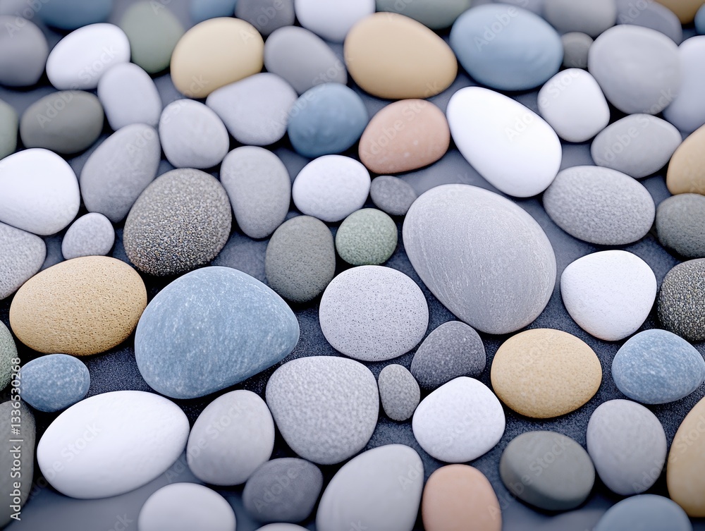 Poster a diverse collection of smooth pebbles in various colors and sizes on a flat surface