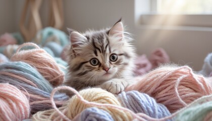 A cute fluffy kitten with big, bright eyes playfully hiding in a pile of soft, pastel-colored yarn. The yarn is scattered all around, and the kitten is peeking out, looking curious and mischievous.