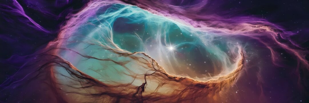 Glowing nebula with purple, teal, and gold strands – Stunning space phenomenon
