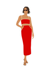 Modern young woman. Vector realistic illustration of pretty  girl standing in stylish summer street fashion casual outfit, red dress and sunglasses Isolated on white background.