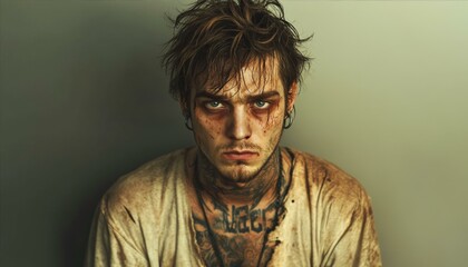 Obraz premium Intense Portrait of a Wounded Man with Tattooed Neck Expressing Emotional Pain and Frustration