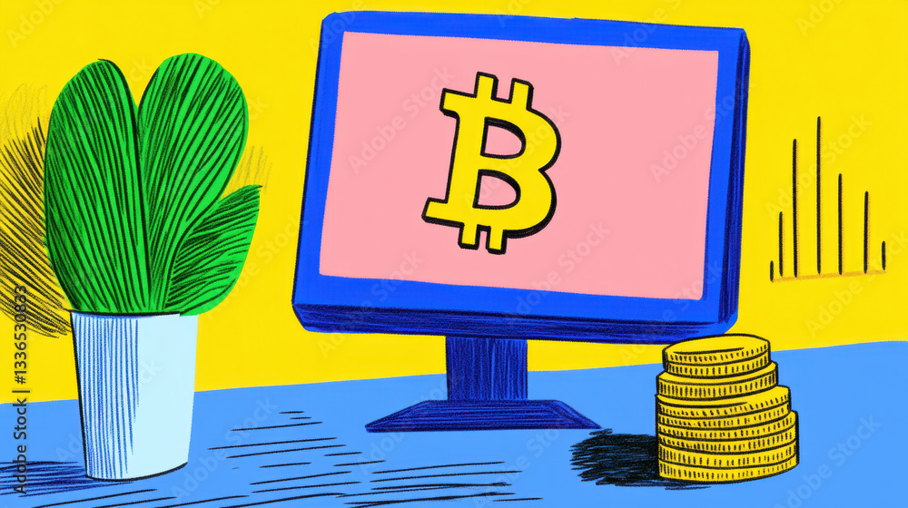 Aufkleber btcusd forex, digital illustration of a computer displaying bitcoin and coins.