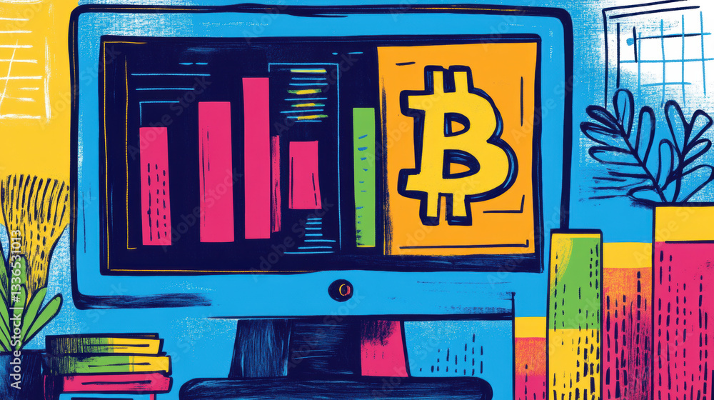 Aufkleber btcusd forex, illustration of a computer displaying cryptocurrency data and charts.