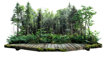 Wooden podium showcasing lush forest with transparent background