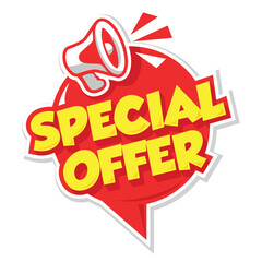 Special offer advertising circle sticker. Comic book style red promotion banner with megaphone. Vector on transparent background