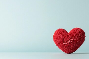 Fototapeta premium Bright red heart shaped decoration with the word Love on a pastel blue background, symbolizing affection, romance, and passion Perfect for Valentine s Day