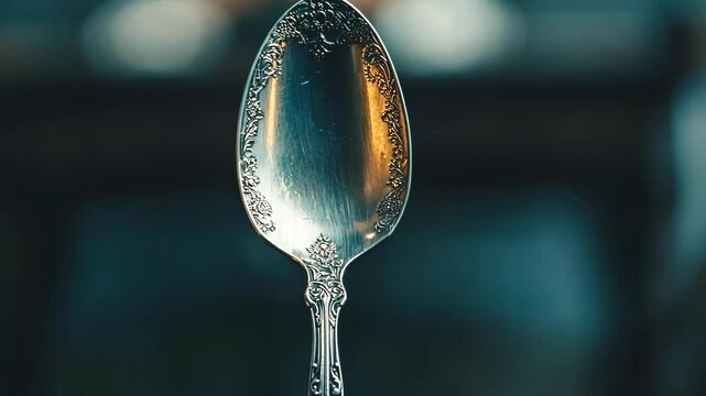 Detailed vintage spoon shines brightly against a blurred background in a warm, inviting kitchen setting