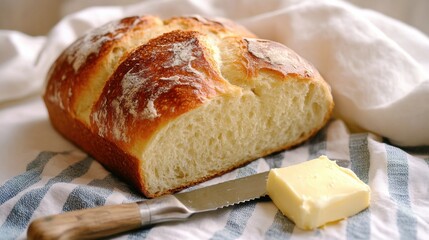 A rustic loaf of freshly baked bread with a knife and butter, styled with a homey, inviting kitchen vibe