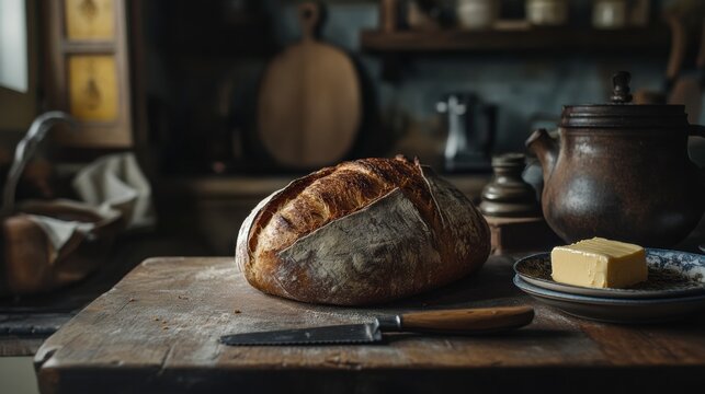 A rustic loaf of freshly baked bread with a knife and butter, styled with a homey, inviting kitchen vibe