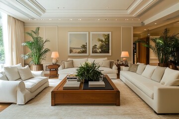 Fototapeta premium Elegant living room featuring neutral tones, lush plants, and modern furnishings in a spacious setting