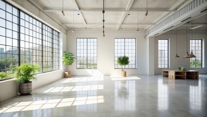 Obraz premium Sunlit Modern Industrial Loft Space with Polished Concrete Floor and Abundant Natural Light