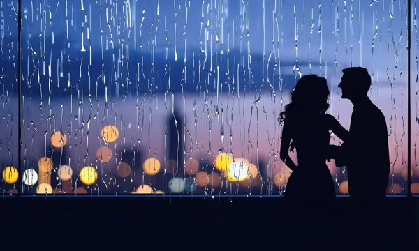 Romantic Couple Silhouette Rain Night City Background Illustration