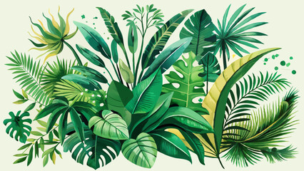 Watercolor background of tropical green plants. Vintage green. Botanical hand drawn illustration. Highly detailed plant template. Palm leaves. Exotic.