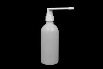 Dropper bottle isolated. Amber plastic essential bottle. Flacon for nasal extract, pharmacy liquid isolated on black background