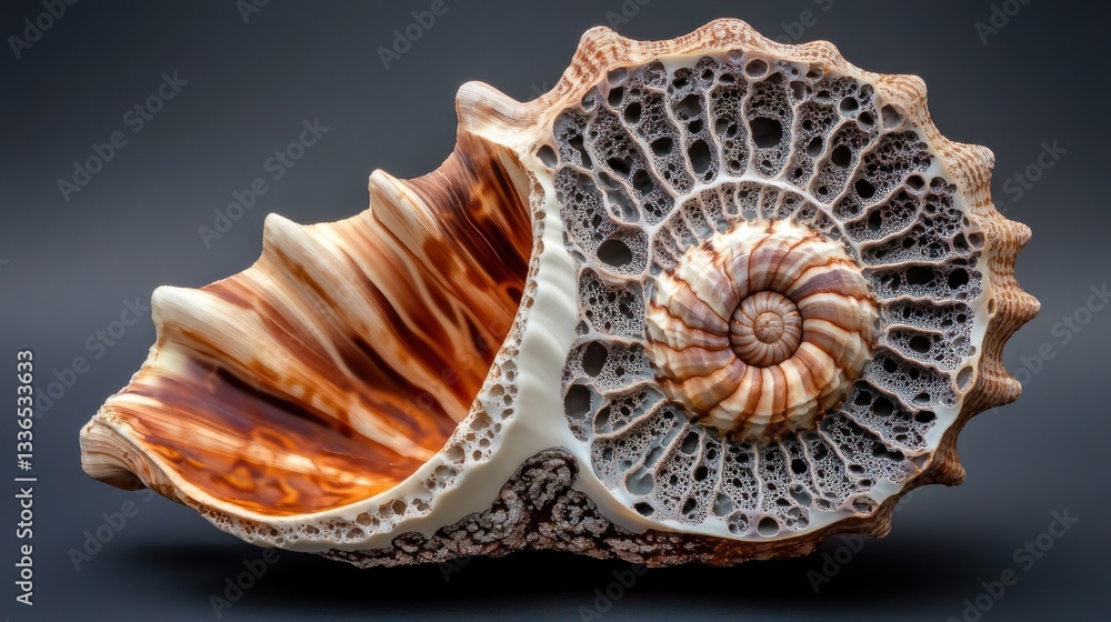 Aufkleber Close-up of a unique, intricately patterned seashell with visible internal structure, showcasing warm brown and grey tones against a dark background.