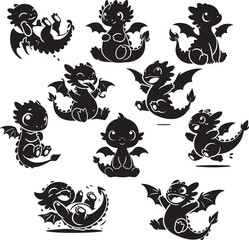 Naklejka premium A collection of adorable baby dragon silhouettes in playful poses. Perfect for children’s designs, fantasy artwork, tattoos, stickers, and digital projects.