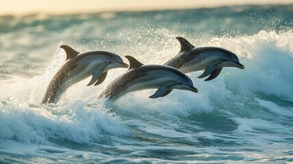 Fototapeta premium A group of dolphins gracefully leaping through ocean waves in perfect synchronicity
