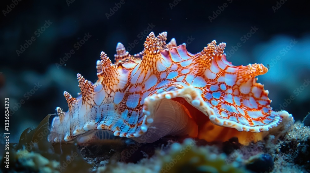 Poster Close-up of a vibrant orange and white seashell with intricate patterns resting on an ocean floor.