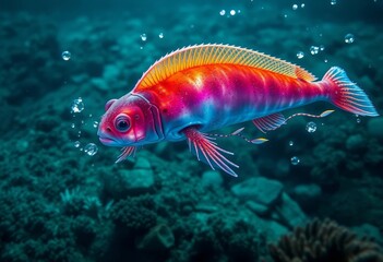 Fototapeta premium Vibrant Aquatic Creature Gliding Through a Deep Ocean Scene with Air Bubbles