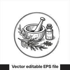 vintage hand drawn mortar apothecary vector. Side by side with coma
