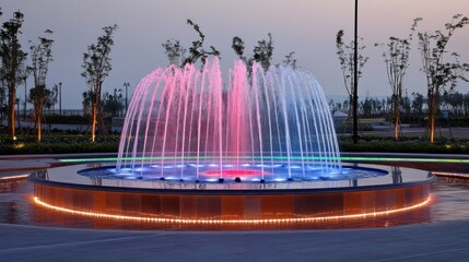 The colorful water fountain illuminated with different colored lights