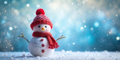 Fototapeta premium A cheerful snowman in a red winter hat and scarf, playfully posed amidst a softly falling snow, against a dreamy bokeh background.