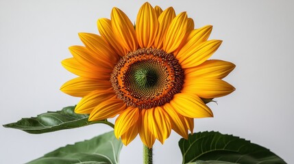 Obraz premium Close-up of a vibrant yellow sunflower with green leaves against a white background.