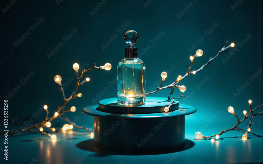 Poster a clear perfume bottle sits on a pedestal, illuminated by string lights on branches, creating a soft