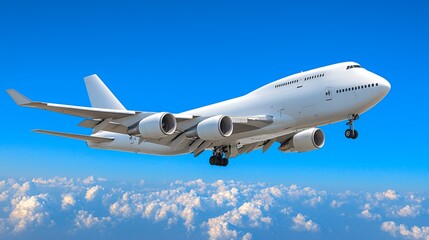 Obraz premium White Airplane Soaring Above Clouds in a Blue Sky