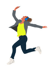 Young business woman jumping for joy, listening music in headphones and taking selfie on smartphone. Excited girl in smart casual office outfit. Vector realistic illustration isolated.