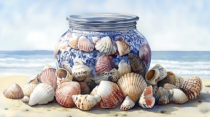 Seashells in a Blue and White Porcelain Jar on Beach