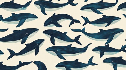 Blue whales swimming underwater create a beautiful seamless pattern, perfect for ocean-themed designs