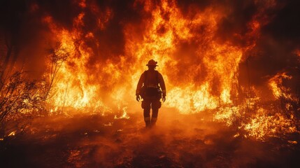 Obraz premium Firefighter silhouetted against massive wildfire.