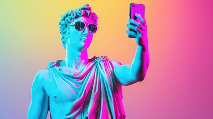 Ancient Greek statue taking selfie with smartphone while wearing modern sunglasses on gradient neon background